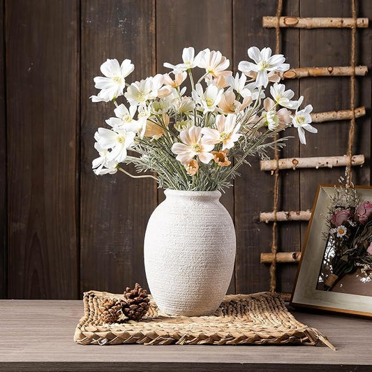 8 Inch White Ceramic Vase - Rustic Vintage Decorative Vase for Home - Farmhouse Pottery Vase for Flowers - Christmas Vase - Modern Vintage Dining Table Centerpiece ， Lyeec Vases Set