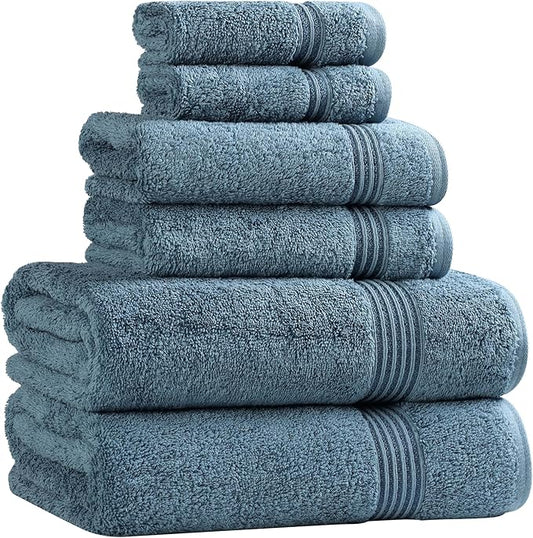 Superior Egyptian Cotton 6-Piece Towel Set, Bathroom Essentials, Towels For Bathroom, Apartment, Airbnb, Guest Bath, Face, Hand, Bath Towels, Washcloths, Absorbent, Fast Drying, Sapphire