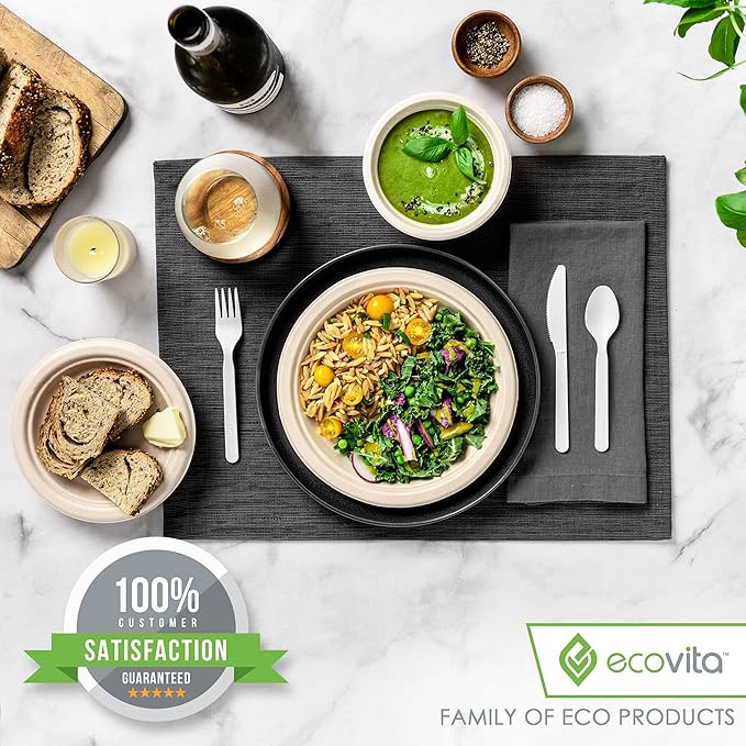 Ecovita 100% Compostable Paper Plates [9 in.] – 150 Disposable Plates Eco Friendly Sturdy Tree Free Liquid and Heat Resistant Alternative to Plastic or Paper Plates