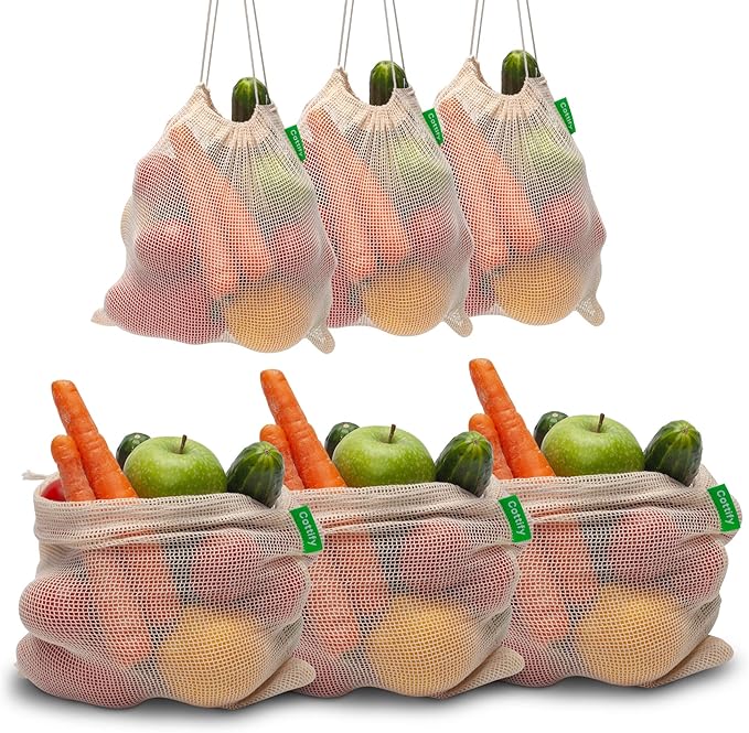 6 Reusable Produce Bags Grocery Washable | Organic Cotton Mesh Produce Bags | Double-Stitched & Tare Weigh | Mesh bags for vegetables | Cotton Produce Bags Reusable Washable | Produce bag (M size)