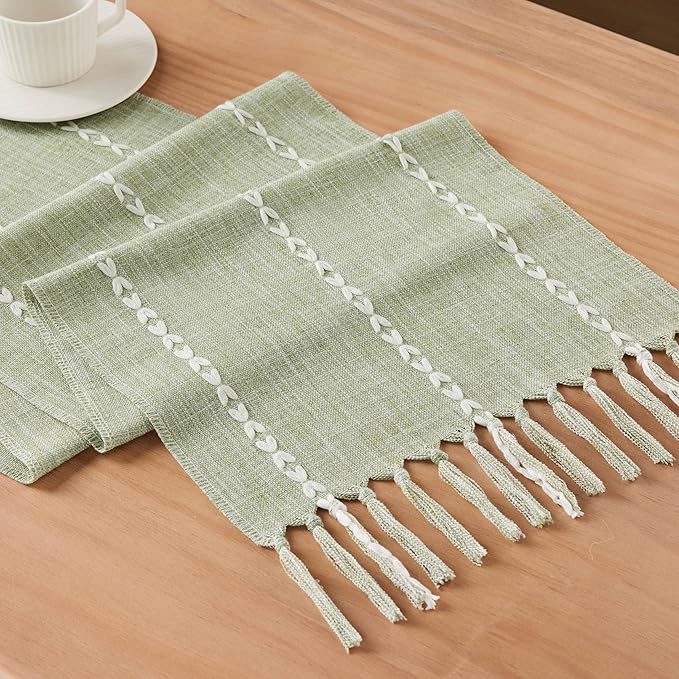 Braided Farmhouse Table Runner,Braided Sage Green 13x48 Inch, Cotton Linen Table Runners 48 Inches Long, Embroidered Striped Sage Green Boho Table Runner Rustic Home Decor