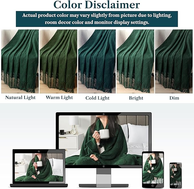 PAVILIA Emerald Green Knit Throw Blanket for Couch Bed, Soft Knitted Farmhouse Sofa Throw for Living Room, Lightweight Decorative Summer Throw Blanket for Chair, Outdoor Textured Boho Blanket, 50x60