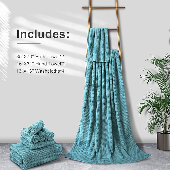 8-Piece Turquoise Bath Towel Set, 2 Extra Large Bath Towel Sheets, 2 Hand Towels and 4 Washcloths - Highly Absorbent Quick Dry Microfiber,Ultra Soft Towel Set for Bathroom, Waffle Weave Design