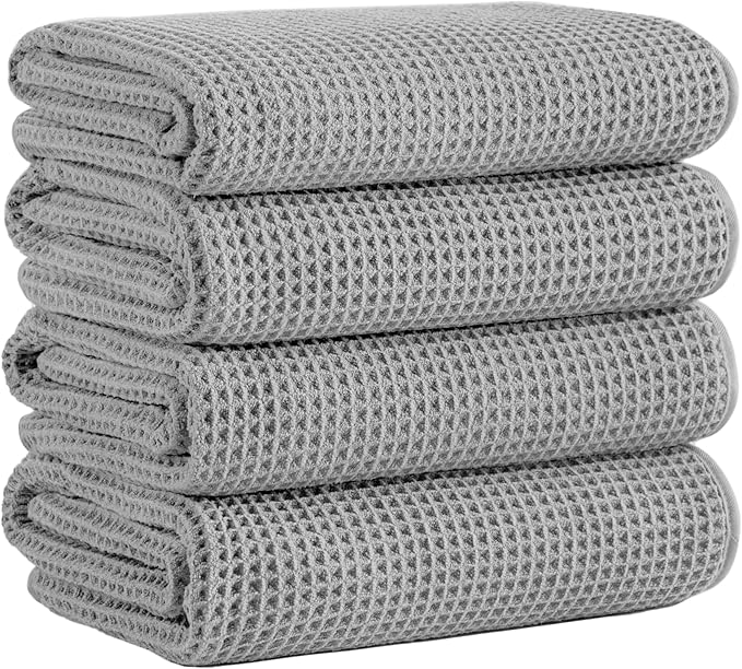 Microfiber Waffle Bath Towels, 4 Pieces, Soft, Absorbent, Fast Drying, Lint Free (Silver)