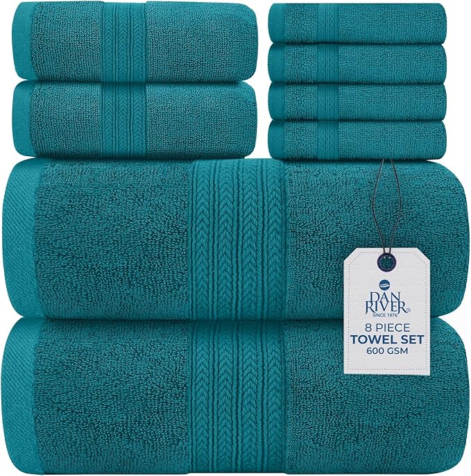 DAN RIVER 8 PC Luxury Bath Towels for Bathroom, 2 Bath, 2 Hand, and 4 Wash Cloths, 600 GSM 100% Ring Spun Cotton Towel Set, Highly Absorbent, Gym, Hotel, and Spa, Teal