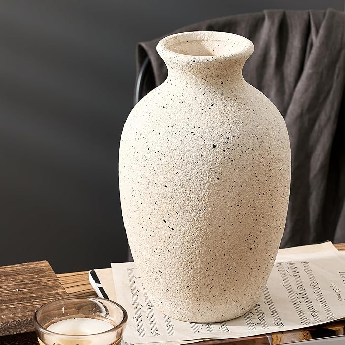 Large Ceramic Rustic Flower Vase, 10.43 Inch Tall Vintage Pottery Home Decor, Antique Farmhouse Terracotta Vase for Living Room, Table, Shelf, Mantel Decoration, Farmhouse - Off-White