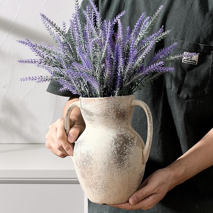 Antique Ceramic Rustic Vase with 2 Handles, Farmhouse Round Flower Vase, Vintage Terracotta Vases for Home Decor, Wedding, Living Room, Table, Shelf Decor - 8.6 Inch Tall, Terra
