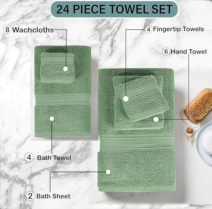 HILLFAIR - 100% Cotton 24 Piece Bath Towels Set for Bathroom- 24 PC Bulk Pack - Quick Dry Absorbent Hotel Spa Towel Set- 2 XXL Oversized Sheets, 4 Bath, 6 Hand, 4 Fingertip Towels, 8 Washcloths: Sage