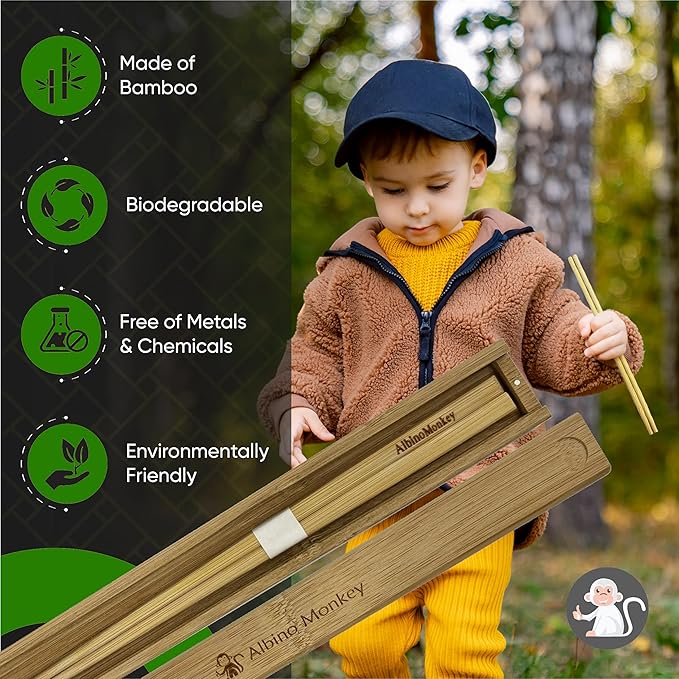 Reusable Portable Travel Chopsticks Set with Case & Chopstick Holder | Natural Bamboo Wooden Japanese Chop sticks - In a Nice Gift Box