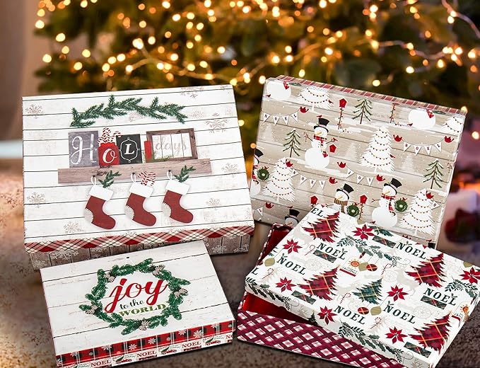 Christmas Gift Boxes with Lids for Presents Set of 4 Gift Boxes Bulk White in Assorted Designs Wrapping Robe Boxes Large White Red and Green Xmas Gift Boxes for Christmas Birthdays Wedding Wrap Gifts