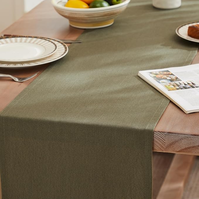 ZeeMart Rustic Cotton Linen Table Runner, 13x60 Inches Olive, Farmhouse Style Green Table Runners 60 Inches Long, Washable Kitchen Dining Table Decoration for Home Party Decor