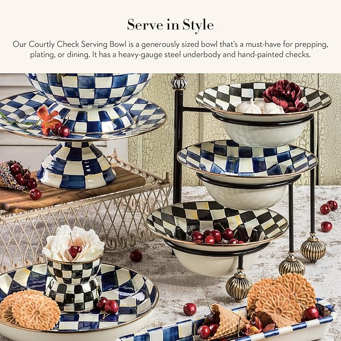 MACKENZIE-CHILDS Enamel Serving Bowl, Enamel Serveware Bowl, 12 Inches, Black-and-White Courtly Check