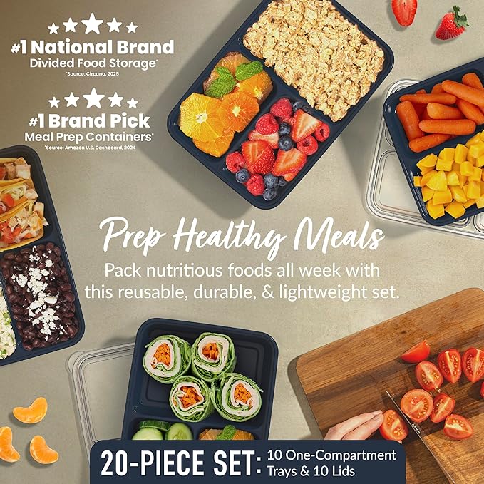 Bentgo Prep - 20-Piece 3-Compartment Reusable Meal Prep Containers with Lids, PFAS & BPA Free Materials, Durable, Microwave, Freezer, & Dishwasher Safe To Go Food Storage (Navy Blue)