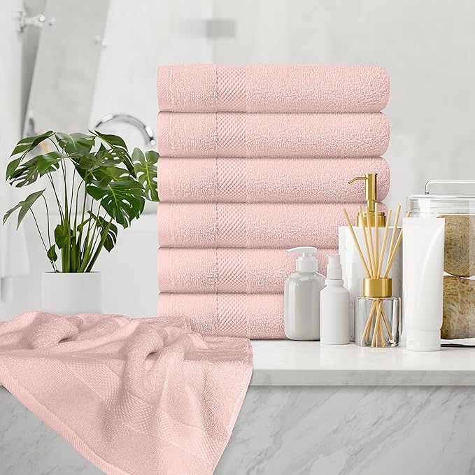 White Classic Luxury Pink Hand Towels - Soft 100% Turkish Cotton | Highly Absorbent Hotel spa Bathroom Towel Collection | 16x30 Inch | Set of 6