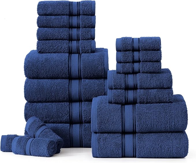 LANE LINEN 100% Ring-Spun Cotton Bath Towel Set of 18 – Zero Twist Shower Towels, 6 Bath, 6 Hand Towel & 6 Washcloths, Quick-Dry, Luxuriously Soft & Durable, Perfect for Everyday use – Navy