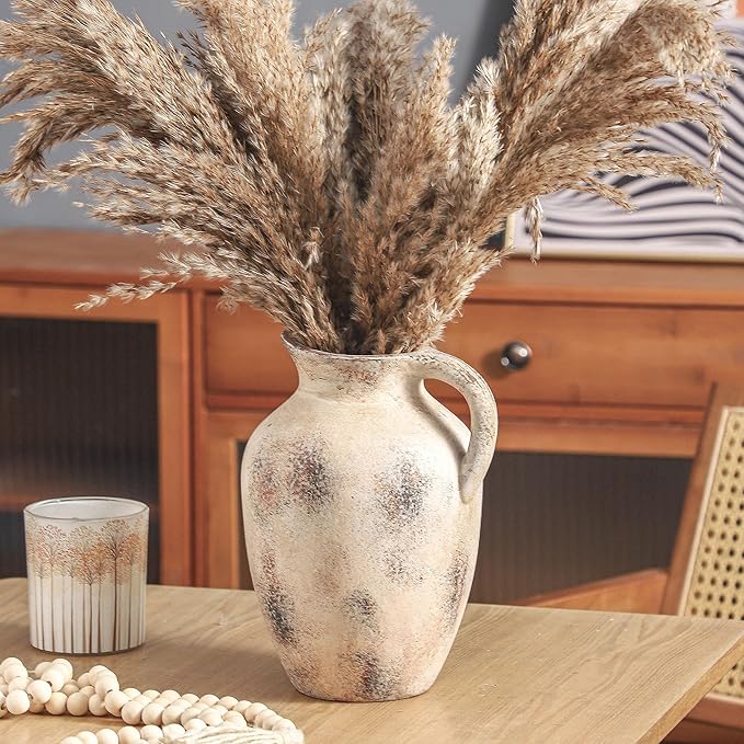 Vintage Farmhouse Pottery Vase, 9.7 inch Handcrafted Decorative Ceramic Vase for Home, Dining Table, Bathroom, or Bookshelf Accents