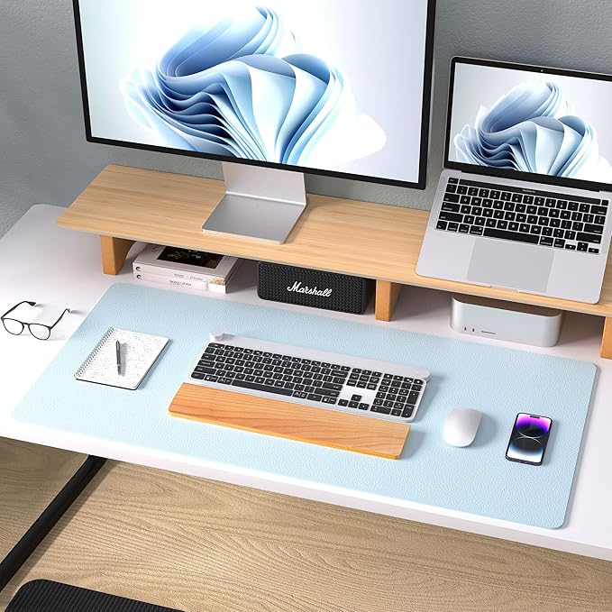 Aothia Leather Desk Pad Protector, Mouse Pad, Office Desk Mat, Non-Slip PU Leather Desk Blotter, Laptop Desk Pad, Waterproof Desk Writing Pad for Office and Home (36" x 17", Baby Blue)