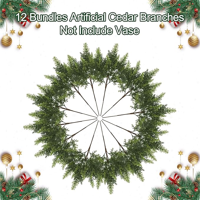 12Pcs 18" Real Touch Christmas Cedar Branches Artificial Realistic Christmas Greenery Pine Branches Faux Greenery Plants Stem for Vase DIY Crafts Garland Wreath Indoor Outdoor Home Decor