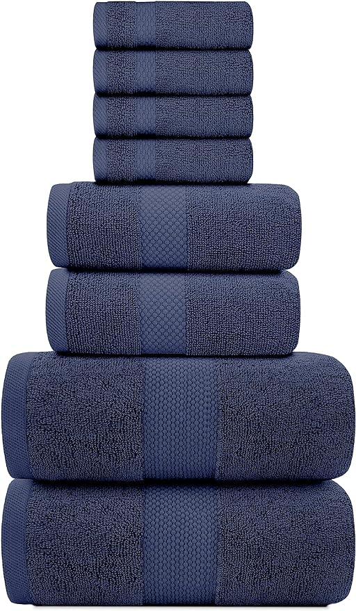 White Classic Luxury Bath Towel Set of 8 Pieces - 100% Turkish Cotton Highly Absorbent Towels for Bathroom, 2 Luxury Bath Towels 700GSM, 2 Hand Towels, 4 Washcloths, Navy