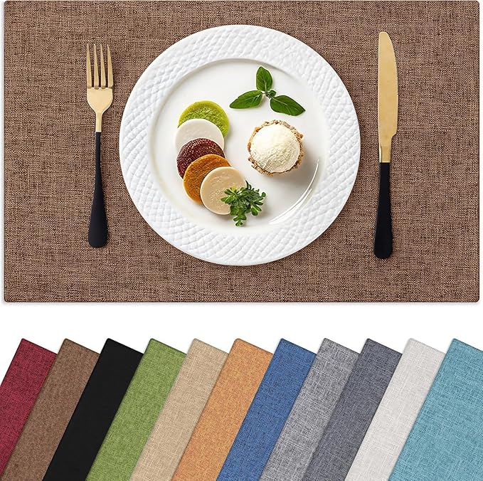Homaxy Cloths Placemats for Dining Table Set of 4, Heat Resistant Washable Cotton Linen Blend Table Mats, Easy to Clean Place Mats for Indoor Outdoor Party Kitchen Decoration, 13" x 19", Brown