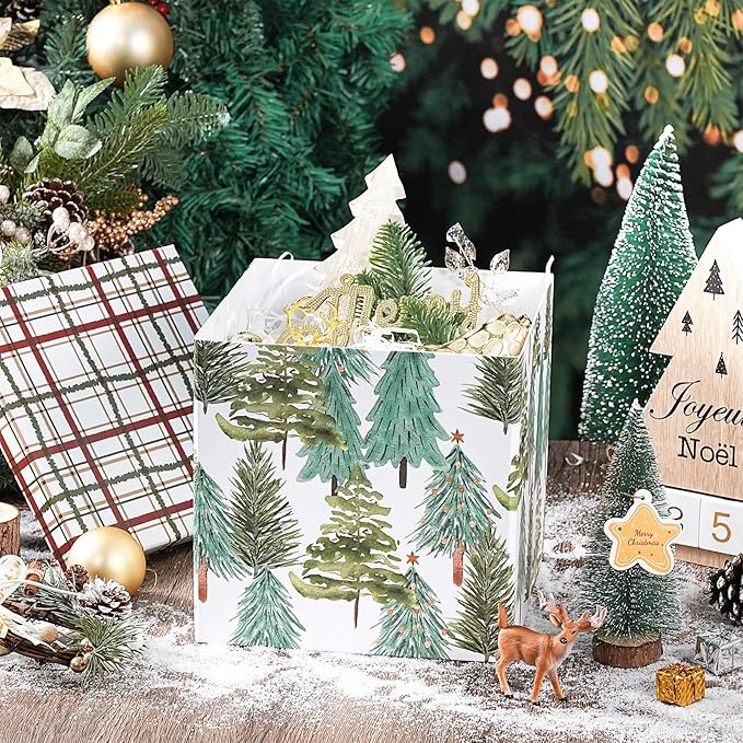RUSPEPA Christmas Gift Box with Lid, Watercolor Christmas Tree Design and Plaid Lid, Medium Collapsible Holiday Box with Ribbon and Tissue Paper for Gift Wrapping, Candy Storage, 9x9x9 Inches, 1 Pcs