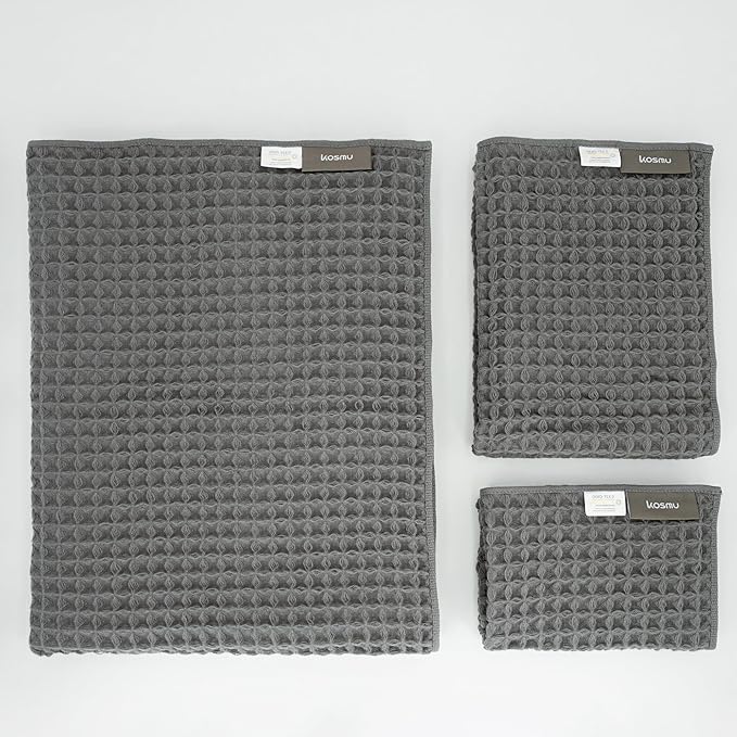 Luxury Japanese Cotton Waffle Bath Towel | Plush, Absorbent, and Quick Dry | Free Storage Bag Included (Smoke Grey, Bath Sheet Set (3-Piece))