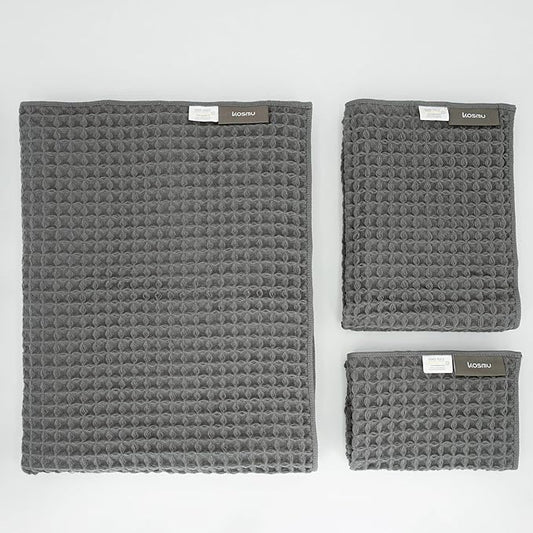 Luxury Japanese Cotton Waffle Bath Towel | Plush, Absorbent, and Quick Dry | Free Storage Bag Included (Smoke Grey, Bath Sheet Set (3-Piece))