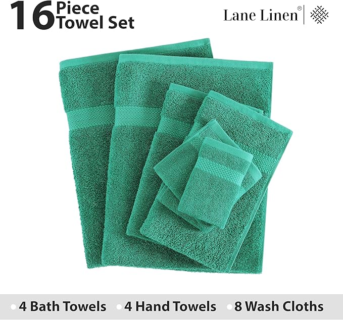 LANE LINEN 100% Cotton 16 Piece Bath Towel Set - Ring Spun, Quick Dry, Super Soft & Highly Absorbent - 4 Bath, 8 Washcloths, 4 Hand Towels for Bathroom - Hotel Quality Bathroom Towel Set - Emerald