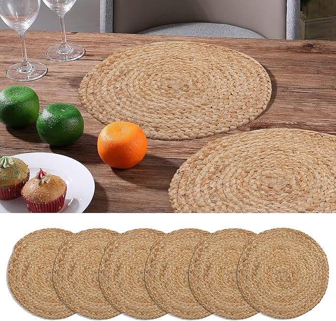 Craft Trade Set of 6 Round Woven Placemats Rattan Boho Hyacinth Farmhouse Wicker Placemats for Dining Table Indoor Outdoor Dining Table Mat (13 Inch Diameter)