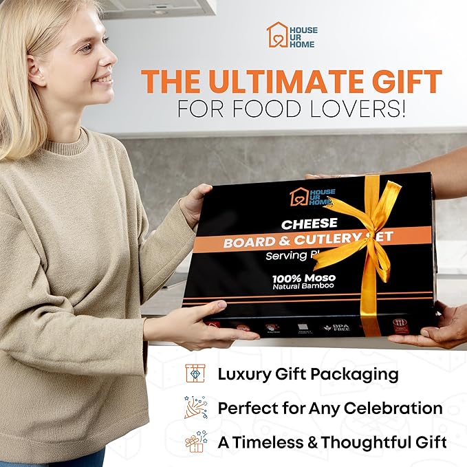 Bamboo Charcuterie Board Gift Set with Leather Handles, Knives, Wine Opener & Bowls – Elegant for Hosts, Couples & New Homeowners