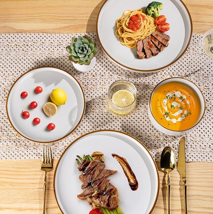 LERATIO Ceramic Dinnerware Sets for 4,Matte Stoneware Plates and Bowls Set, Chip and Crack Resistant | Oven & Dishwasher & Microwave Safe Dishes Set, Service for 4-Dusted Gold Rim