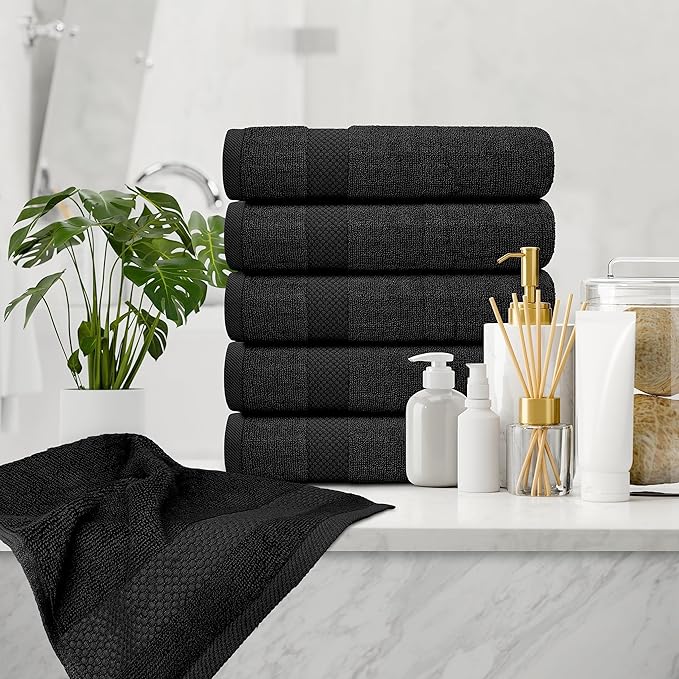 White Classic Luxury Black Hand Towels - Soft 100% Turkish Cotton | Highly Absorbent Hotel spa Bathroom Towel Collection | 16x30 Inch | Set of 6