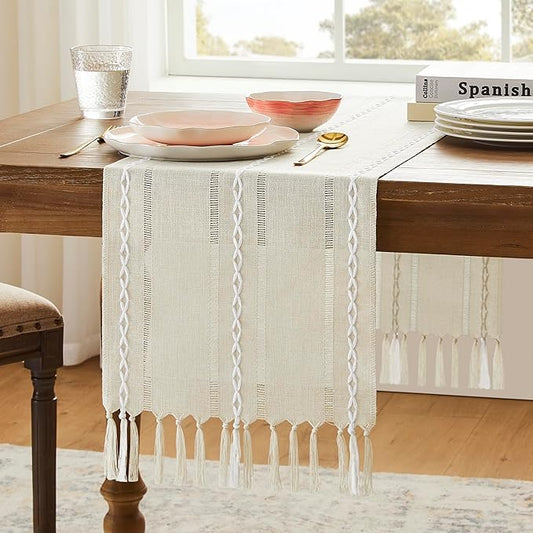 Hemstitched Farmhouse Table Runner, Beige 13x108 Inch, Cotton Linen Table Runners 108 Inches Long, Embroidered Striped Beige Boho Table Runner Rustic Home Decor