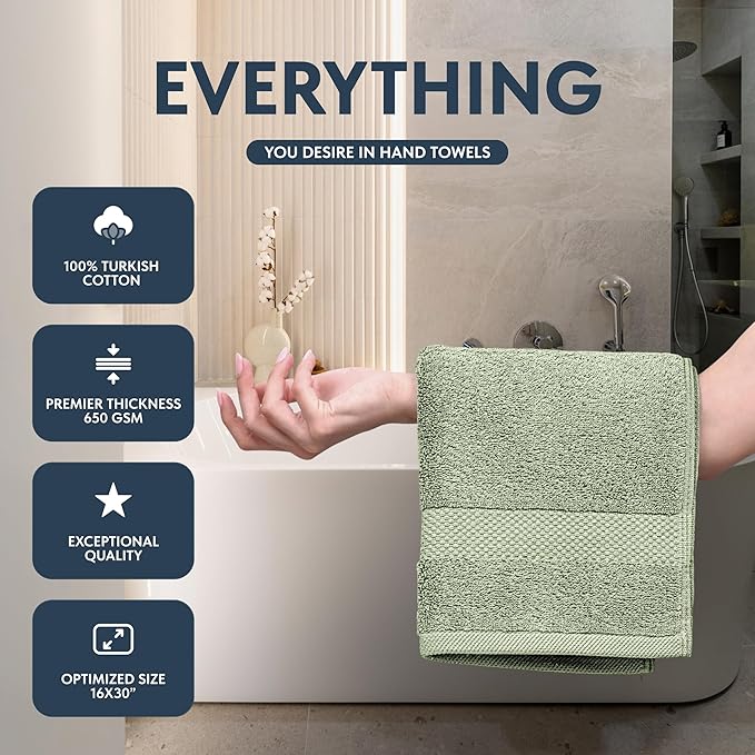 White Classic Luxury Light Green Hand Towels - Soft 100% Turkish Cotton | Highly Absorbent Hotel spa Bathroom Towel Collection | 16x30 Inch | Set of 6