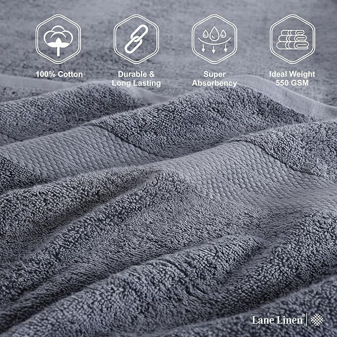 Lane Linen 100% Cotton Luxury Bathroom Towel Set - 6 Pcs - RingSpun, QuickDry, Very Soft & Highly Absorbent - 2 Large Bath Towels, 2 Washcloths, 2 Hand Towels - Pre Shrunk & Fade Resistant - Cool Grey