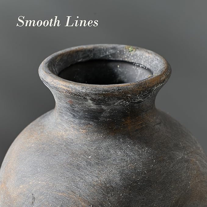 Large Ceramic Rustic Flower Vase, 10.43 Inch Tall Vintage Pottery Home Decor, Farmhouse Terracotta Vase for Living Room, Table, Shelf, Mantel Decoration, Farmhouse - Black Bronze