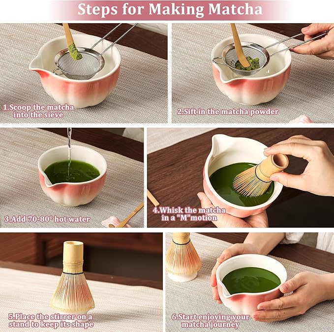 Matcha Whisk Set, 7-Pack Peach Pink Matcha Set - Include Petal Matcha Bowl with Spout, Bamboo Whisk, Chasen Holder, Sifter, Scoop, Tea Towel, Scoop Rest - Perfect Matcha Making Kit for Tea Lover