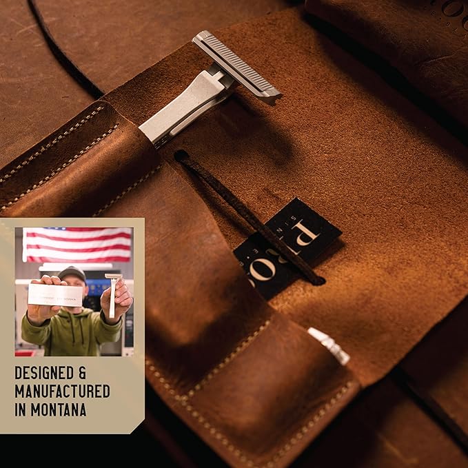 PROOF Select Single Blade Razor for Men with Pivoting Head Made in USA - CNC Machined Aluminum Easy Blade Replacement - Includes Genuine Leather Travel Case, Suction Cup Holder and Safety Razor Blades