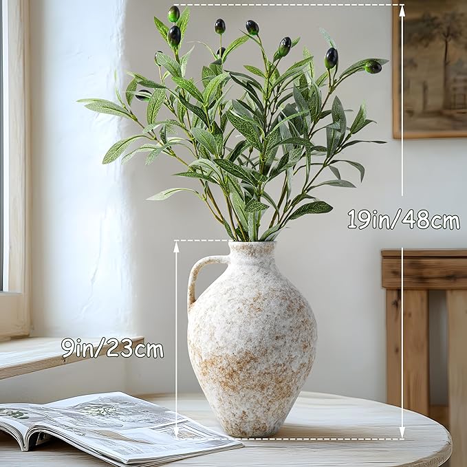 Vintage Ceramic Vase with Fake Olive Branches, Farmhouse White Vase with 2Pcs Faux Olive Plant Greenery for Home Bedroom Living Room Side Table Entryway Dining Table Decor