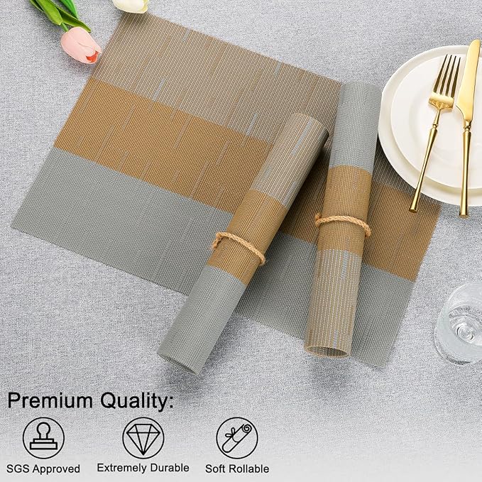 Placemats Set of 4, Vinyl Woven Place Mats Indoor Set of 4 Washable Wipeable PVC Table Mats Heat-Resistant Non Slip Placemat for Kitchen Dining Outdoor Table (Gray Light Brown, Set of 4)