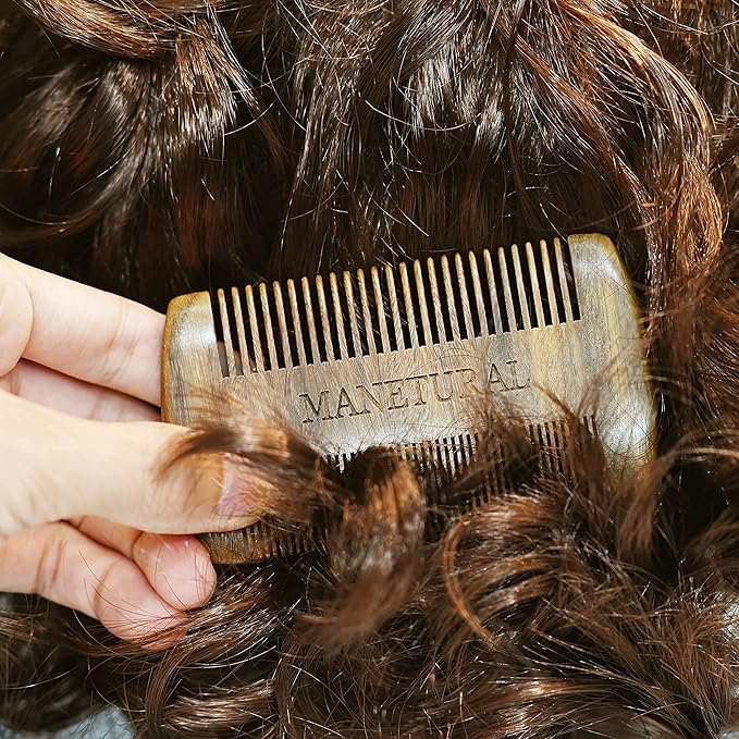 Premium Sandalwood Dual-Action Comb - Double-Tooth Design for Men's Fine & Wide Hair, Mustache Comb, Protective PU Leather Case