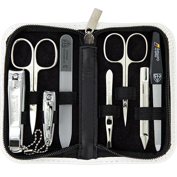 Swords Germany - brand quality 8 piece manicure pedicure grooming kit set for professional nail care genuine leather case white - Made in Germany