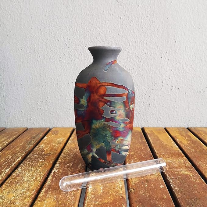RAAQUU Koban Vase 7" - Handmade Raku Ceramic with Water Tube - Carbon Copper Matte Finish - Modern Boho Home Decor for Living Room, Bedroom, Office - Housewarming Gift - Artisan Pottery