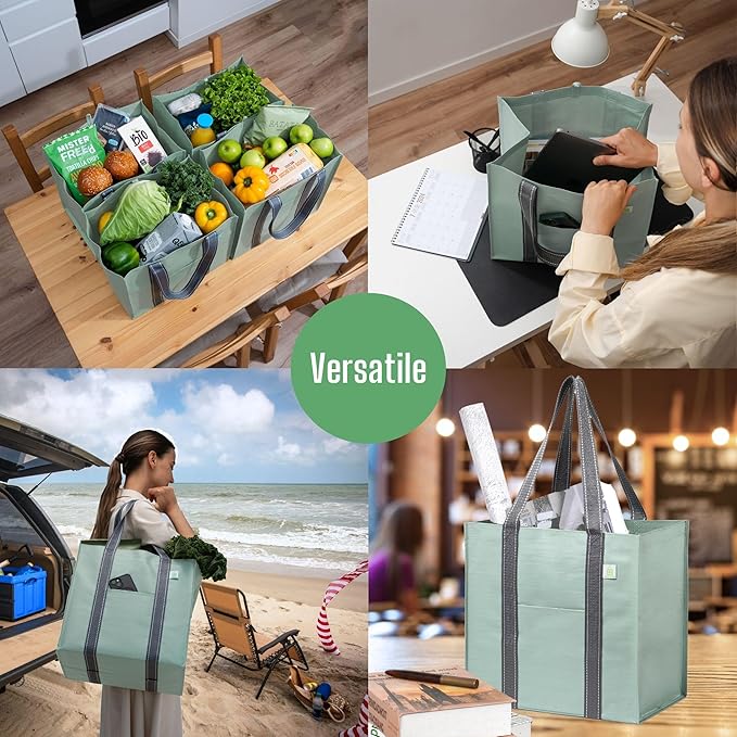 VENO 4 Pack Reusable Grocery Bags, Heavy-Duty Shopping Bags with Handles, Bags for Shopping Cart with Hard Bottom to Stand Upright, Foldable, Multi-Purpose(Light Green, 4 Pack)