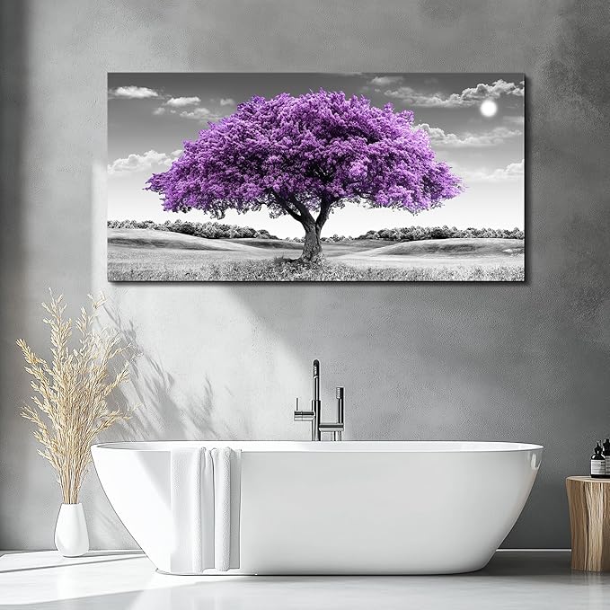 Canvas Wall Art for Living Room Large Wall Decor for Bedroom Modern Office Wall Decorations Purple Tree Landscape Painting Black and White Pictures Artwork Room Aesthetic Home Decor