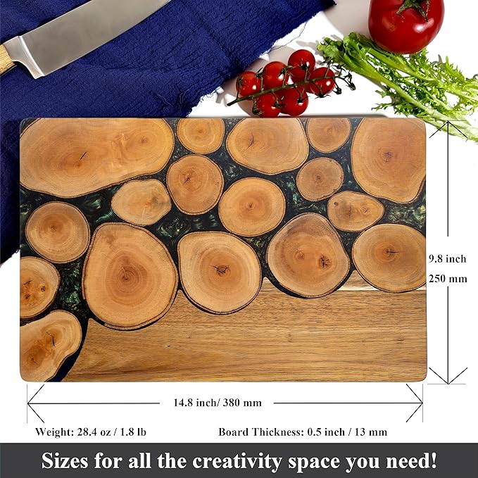 Acacia Wood Cutting Board With Colorful Black Resin Galactic Cosmos & Wood Stumps Unquie Design for Kitchen Meal Prep Serving Tray Cheese & Charcuterie Board for Meat Vegetable Gift 15*10‘’