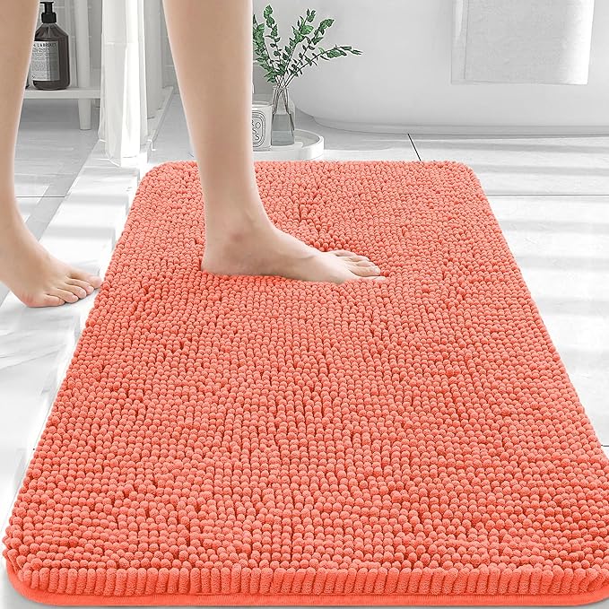 OLANLY Bathroom Rugs 30x20, Extra Soft Absorbent Chenille Bath Rugs, Rubber Backing Quick Dry, Machine Washable Bath Mats for Bathroom Floor, Tub and Shower, Home Decor Accessories, Coral