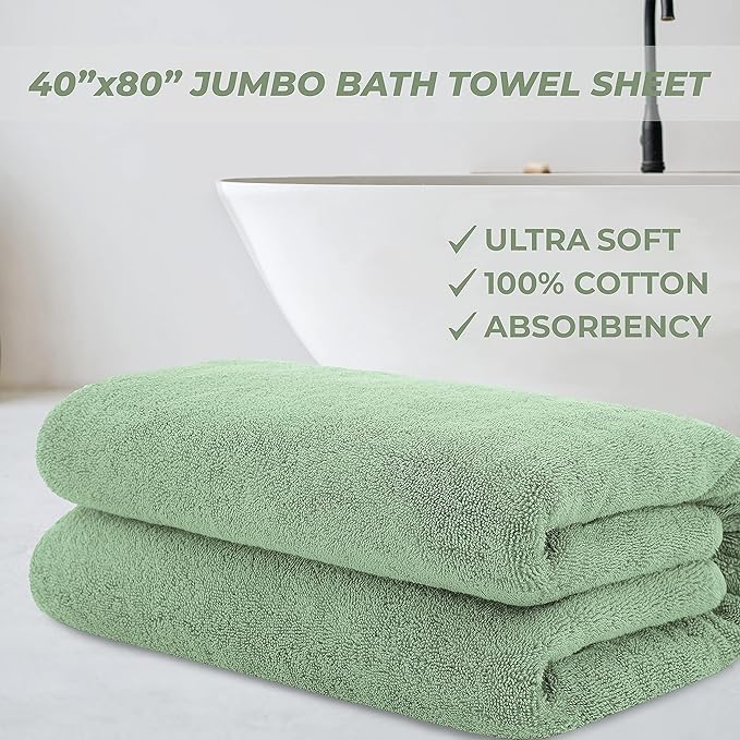 Cotton Paradise 100% Cotton 40x80 Oversized Bath Sheet, Extra Large Turkish Bath Towels for Bathroom, Sage Green Bathsheet