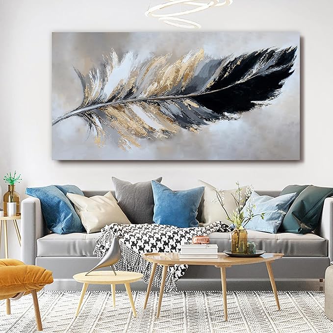 YISXINOAG Modern Canvas Wall Art Black and Gold Wall Decor Large Abstract Wall Art for Living Room Modern Home Decorations Abstract Art Prints Minimalist Feather Home Artwork Size 29"X58"