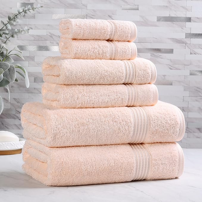 Superior Egyptian Cotton 6-Piece Towel Set, Bathroom Essentials, Towels For Bathroom, Apartment, Airbnb, Guest Bath, Face, Hand, Bath Towels, Washcloths, Absorbent, Fast Drying, Peach